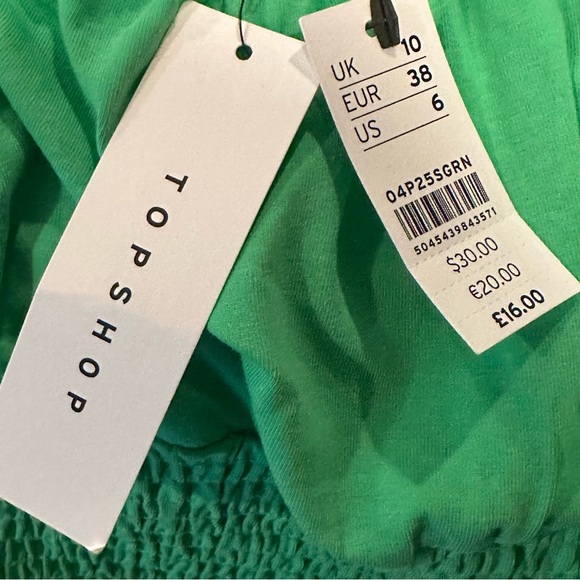 Topshop Green Shirred Waist Puff Short Sleeve Crop Top Size 6 New - Picture 7 of 8